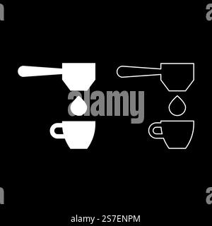 Coffee drop in cup filtering cuping portafilter drip set icon white color vector illustration image simple solid fill outline contour line thin flat style. Coffee drop in cup filtering cuping portafilter drip set icon white color vector illustration image solid fill outline contour line thin flat style Stock Vector