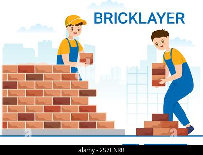 Bricklayer Worker Illustration with People Construction and Laying Bricks for Building a Wall in Flat Cartoon Hand Drawn Landing Page Templates Stock Vector