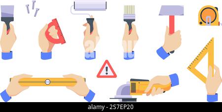 Tools in hands. Workers holding different professional equipment saw hammer repair tools garish vector flat style pictures. Illustration of hand worker hold repair tool. Tools in hands. Workers holding different professional equipment saw hammer repair tools garish vector flat style pictures Stock Vector