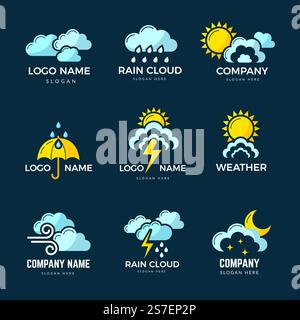 Weather icons. Sun clouds rainbow lightning rainy symbols recent vector stylized templates of business identity. Illustration of forecasting logo app or company. Weather icons. Sun clouds rainbow lightning rainy symbols recent vector stylized templates of business identity Stock Vector