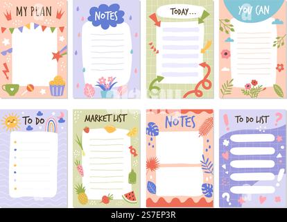 Planner list. To do organized checklist template with place for text educational month stickers schedule elements vector collection set of organizer planner, check list and to do list illustration. Planner list. To do organized checklist template with place for text educational month stickers schedule elements recent vector collection set Stock Vector
