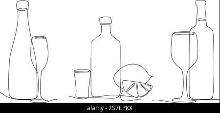 Continuous lines glass and bottles. One line champagne, wine and tequila with lemon slice. Vector isolated alcoholic drinks decorative elements of bottle glass continuous line illustration. Continuous lines glass and bottles. One line champagne, wine and tequila with lemon slice. Vector isolated alcoholic drinks decorative elements Stock Vector