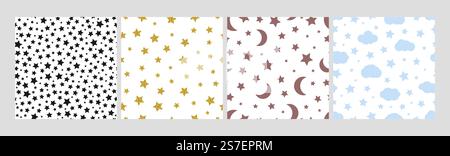 Stars seamless pattern set. Black golden star textures, simple moon and clouds background. Vector textile prints basic shapes, baby cloth design or wallpaper of background star wallpaper illustration. Stars seamless pattern set. Black golden star textures, simple moon and clouds background. Vector textile prints basic shapes, baby cloth design or wallpaper Stock Vector