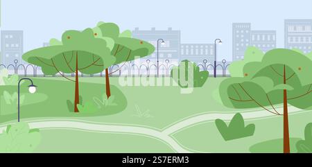 City park for walk and training, outdoor urban green rest zone for families, seniors, adults and children. Citizens area, garden in town vector of city park green to training outdoor illustration. City park for walk and training, outdoor urban green rest zone for families, seniors, adults and children. Citizens relax area, empty garden in town vector scene Stock Vector