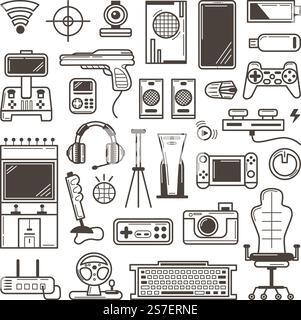 Digital gadget doodle elements. Computer games and social media icons. Electronics devices for gaming and work. Headphones, retro console neoteric vector set of gadget and computer illustration. Digital gadget doodle elements. Computer games and social media icons. Electronics devices for gaming and work. Headphones, retro console neoteric vector set Stock Vector