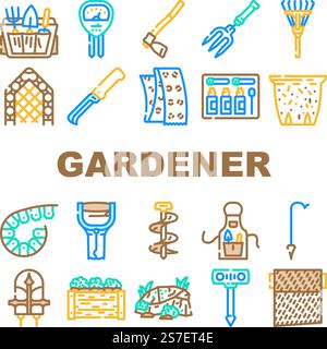 garden plant tree nature seed icons set vector. care shovel, water rake, seedling organic, flower agriculture, grass pot, hose garden plant tree nature seed color line illustrations. garden plant tree nature seed icons set vector Stock Vector