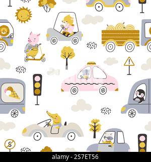 Animals driving transport, cars and trucks. Cute cartoon raccoon taxi driver, pig ride on scooter. Nowaday childish cloth seamless pattern vector template. Illustration of truck car and transport. Animals driving transport, cars and trucks. Cute cartoon raccoon taxi driver, pig ride on scooter. Nowaday childish cloth seamless pattern print vector template Stock Vector