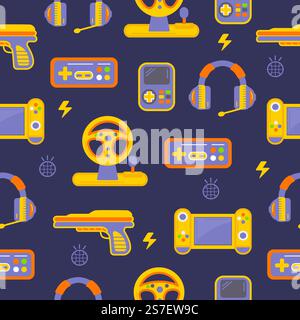 Video gaming seamless pattern. Joystick, digital computer game flat gadgets. Elements for online game, retro technologies neoteric vector background with digital joystick illustration. Video gaming seamless pattern. Joystick, digital computer game flat gadgets. Elements for online game, retro technologies neoteric vector background Stock Vector