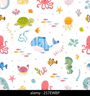 Sea life seamless pattern. Coloring cute underwater animals background. Cartoon baby whale, ocean fish and octopus in nowaday vector template of aquatic underwater wallpaper illustration. Sea life seamless pattern. Coloring cute underwater animals background. Cartoon baby whale, ocean fish and octopus in nowaday vector template Stock Vector