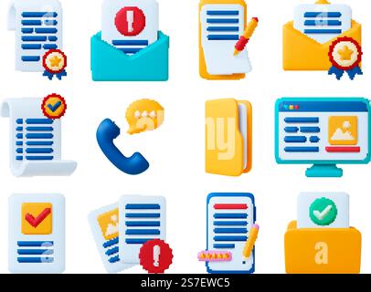 Business 3d development, monitor, email and checklist elements. Social media, notebook receipt sheets. Pithy documents in file and folders 3d vector kit of computer management elements illustration. Business 3d development, monitor, email and checklist elements. Social media, notebook receipt sheets. Pithy documents in file and folders 3d vector kit Stock Vector
