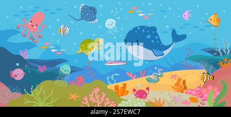 Underwater world, ocean animals and nature. Beautiful cartoon aquarium background. Sea octopus and whale, marine life nowaday vector scene of underwater life, sea illustration nature. Underwater world, ocean animals and nature. Beautiful cartoon aquarium background. Sea octopus and whale, marine life nowaday vector scene Stock Vector