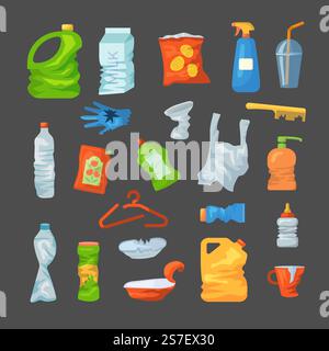 Plastic garbage. Boxes empty bottles packages waste for recycling recent vector plastic products. Illustration of plastic container bottle garbage. Plastic garbage. Boxes empty bottles packages waste for recycling recent vector plastic products Stock Vector
