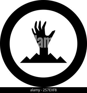 Scary human hand from ground silhouette dead man&rsquo;s Halloween decorative element zombie concept spooky clawed paw sharp nails bony arm fingers man undead icon in circle round black color vector illustration image solid outline style simple. Scary human hand from ground silhouette dead man&rsquo;s Halloween decorative element zombie concept spooky clawed paw sharp nails bony arm fingers man undead icon in circle round black color vector illustration image solid outline style Stock Vector
