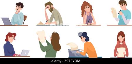 People writers. Creative copywriters typing articles and books computing bloggers freelancers exact vector cartoon characters writers. Illustration of author article or copywriter. People writers. Creative copywriters typing articles and books computing bloggers freelancers exact vector cartoon characters writers Stock Vector
