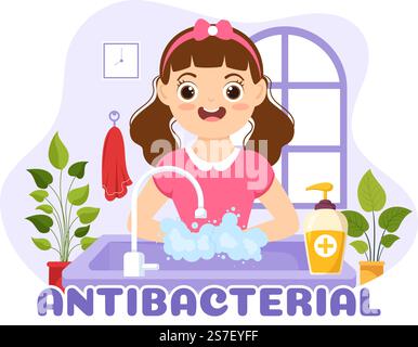 Antibacterial Illustration with Washing Hands, Virus Infection and Microbes Bacterias Control in Hygiene Healthcare Kids Cartoon Hand Drawn Templates Stock Vector