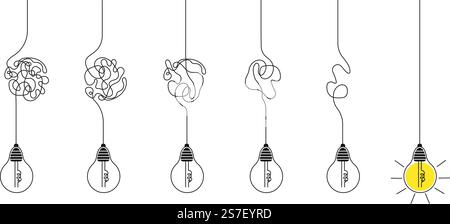 Tangled lines problem solving business metaphor and lamps. Simplicity untangled concept. Positive easier thinking way decent vector banner of business line metaphor solution illustration. Tangled lines problem solving business metaphor and lamps. Simplicity untangled concept. Positive easier thinking way decent vector banner Stock Vector