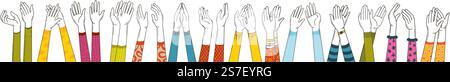 Hands clapping, doodle arm waving and thumbs up support. Applause hand, people fan crowd signs. Congratulation and cheering, business victory vector banner of gesture clap and applause illustration. Hands clapping, doodle arm waving and thumbs up support. Applause hand, people fan crowd signs. Congratulation and cheering, business victory neoteric vector banner Stock Vector