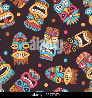 Tiki masks pattern. authentic exotic tribal masks seamless background of tribal pattern ethnic, tropical hawaii tahiti illustration. Tiki masks pattern. authentic exotic tribal masks seamless background Stock Vector