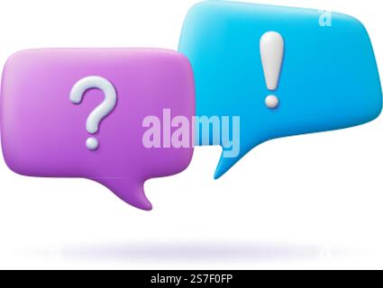 Exclamation 3d signs in speech bubble. Question and answer, vector messages conversation icons for social media chat, chatbot, notifications of speech mark and bubble exclamation illustration. Exclamation 3d signs in speech bubble. Question and answer, vector messages conversation icons for social media chat, chatbot, notifications Stock Vector