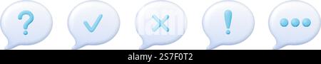 Message notification 3d bubbles. Approved, rejected, question and exclamation marks cartoon plastiline style. Chatbot web dialogue elements, vector design of icon bubble message and notification. Message notification 3d bubbles. Approved, rejected, question and exclamation marks cartoon plastiline style. Chatbot web dialogue elements, vector design Stock Vector