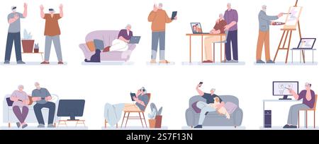 Seniors using gadgets and digital devices. Person has problem with technology. Old couple use laptop, modern grandparents kicky vector characters senior communication of technology illustration. Seniors using gadgets and digital devices. Person has problem with technology. Old couple use laptop, modern grandparents kicky vector characters Stock Vector