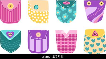 Pockets with buttons. Cartoon pants pocket, fabric flaps and patch for shirt or jacket. Decorative clothes elements, textile fashion vector set of button fashion pocket or garment design illustration. Pockets with buttons. Cartoon pants pocket, fabric flaps and patch for shirt or jacket. Decorative clothes elements, textile fashion decent vector set Stock Vector