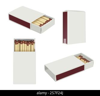 Matchboxes. Realistic burning stick matches containers for wooden matches decent vector templates set. Illustration of match realistic and matchbox. Matchboxes. Realistic burning stick matches containers for wooden matches decent vector templates set Stock Vector