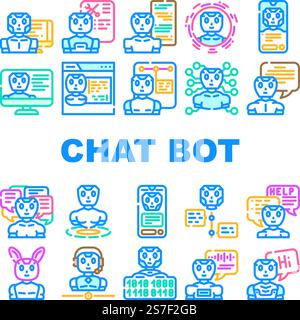 chat bot robot service icons set vector. ai chatbot, mobile digital, support online, technology app, help phone, customer chat bot robot service color line illustrations. chat bot robot service icons set vector Stock Vector