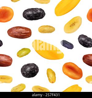 Drying fruit pattern. Natural helthy fruits dried prune figs apples apricots and raisins decent vector printing design seamless template for food menu. Illustration of background ingredient natural. Drying fruit pattern. Natural helthy fruits dried prune figs apples apricots and raisins decent vector printing design seamless template for food menu Stock Vector