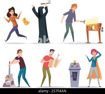 Quest games. Various situations and characters players in quest room exact vector cartoon templates. Illustration of game quest character. Quest games. Various situations and characters players in quest room exact vector cartoon templates Stock Vector