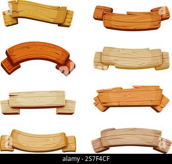 Rustic wooden signboards. Wood labels forms, cartoon old materials boards planks saloon tag elements. Vector hardwood label, board frame illustration. Rustic wooden signboards. Wood labels forms, cartoon old materials boards planks saloon tag elements Stock Vector