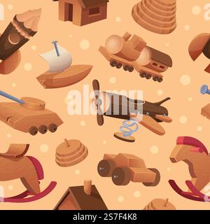 Wooden toys pattern. Handmade attractions for happy kids playground tools cars rockets bricks exact vector seamless background. Illustration of wooden pattern toys background. Wooden toys pattern. Handmade attractions for happy kids playground tools cars rockets bricks exact vector seamless background Stock Vector