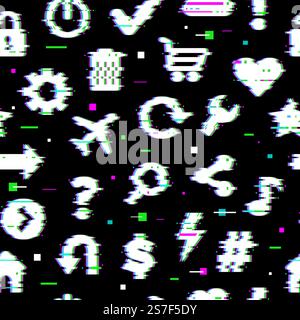 Glitched pattern. Media symbols arrows signs for web ui grunge design projects recent vector seamless stylized background of glitch noise graphic illustration. Glitched pattern. Media symbols arrows signs for web ui grunge design projects recent vector seamless stylized background Stock Vector