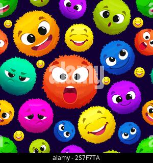 Fluffy emoticons pattern. colored round fluffy characters. Vector seamless background. Illustration of funny fluffy eyes, hairy and crazy. Fluffy emoticons pattern. colored round fluffy characters. Vector seamless background Stock Vector