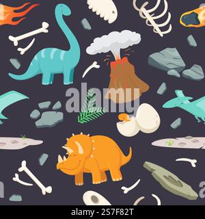 Dinosaur pattern. cave prehistoric period objects bones rocks volcano meteorite and dinosaurs seamless background. Illustration of dinosaur animal pattern. Dinosaur pattern. cave prehistoric period objects bones rocks volcano meteorite and dinosaurs seamless background Stock Vector