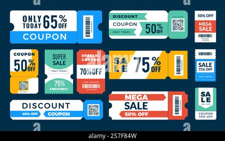 Coupon discount. Retail ads banners with price drop stickers barcode templates recent vector illustrations set of discount price retail banner. Coupon discount. Retail ads banners with price drop stickers barcode templates recent vector illustrations set Stock Vector