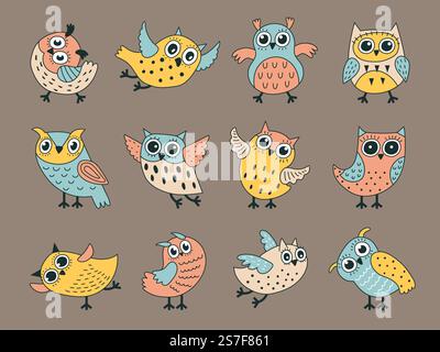 Owl characters. Funny decorative birds with stylized feathers recent vector cute pictures in boho style. Illustration of owl cute, funny character cartoon animal. Owl characters. Funny decorative birds with stylized feathers recent vector cute pictures in boho style Stock Vector