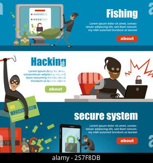 Hacker. Cyber criminals hacker digital attacks fishing damaged firewalls. Vector cartoon banners of cyber hacker crime internet illustration. Hacker. Cyber criminals hacker digital attacks fishing damaged firewalls. Vector cartoon banners Stock Vector