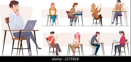 Writers. Bloggers freelancers working at laptop and writing books exact vector illustrations in cartoon style. Blogger and author at workplace, journalist with computer. Writers. Bloggers freelancers working at laptop and writing books exact vector illustrations in cartoon style Stock Vector