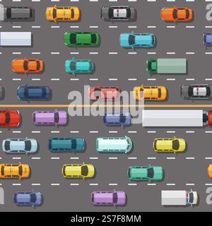 Cars pattern. Machines on road city heavy traffic swanky vector seamless background with urban transport road city traffic, car transport highway illustration. Cars pattern. Machines on road city heavy traffic swanky vector seamless background with urban transport Stock Vector