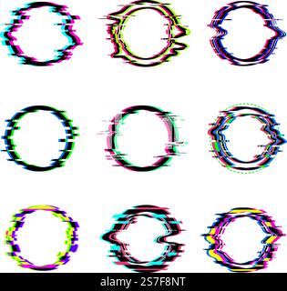 Glitch circles. Round glitched digital frames dynamic broken television signal visualization rings recent vector pixel noise templates. Illustration of dynamic effect frame digital. Glitch circles. Round glitched digital frames dynamic broken television signal visualization rings recent vector pixel noise templates Stock Vector