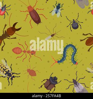 Insects pattern. Ants flea roaches harmful bugs illustrations for textile design project exact vector seamless background. Illustration of bug and flea, cockroach and beetle. Insects pattern. Ants flea roaches harmful bugs illustrations for textile design project exact vector seamless background Stock Vector