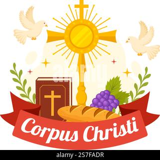 Corpus Christi Catholic Religious Holiday Vector Illustration with Feast Day, Cross, Bread and Grapes in Flat Cartoon Hand Drawn Poster Templates Stock Vector