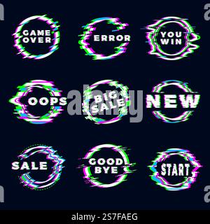 Glitches badges. Grunge abstract circles frames with personal text digital dynamic glitched television signals recent vector ads labels. Illustration of grunge glitch frame. Glitches badges. Grunge abstract circles frames with personal text digital dynamic glitched television signals recent vector ads labels Stock Vector