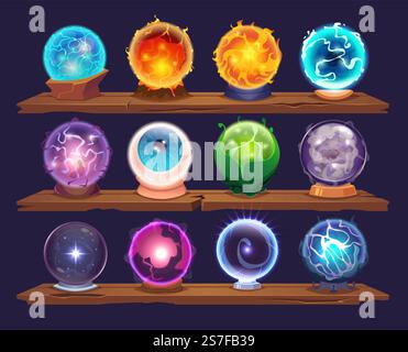 Magic orb. Magician crystal glass round globe for future prediction exact vector colored items for witches and fairy tale wizards. Illustration of orb magic, ball sphere magician. Magic orb. Magician crystal glass round globe for future prediction exact vector colored items for witches and fairy tale wizards Stock Vector