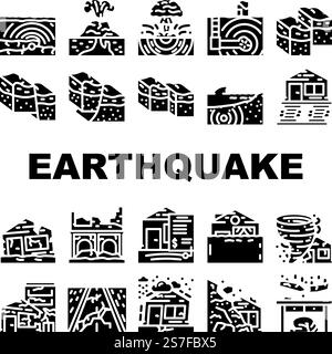 earthquake damage destruction icons set vector. quake disaster, map city, building country, danger tragedy, destroy people, construction earth earthquake damage destruction glyph pictogram Illustrations. earthquake damage destruction icons set vector Stock Vector