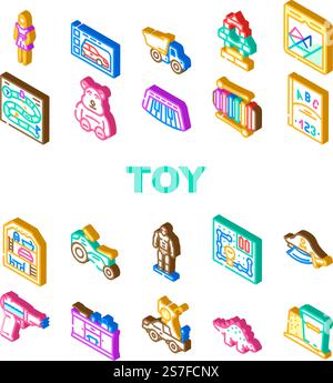 toy child baby play icons set vector. kid game, car bear, block gift, cute teddy, wooden children, robot plush, ball education, object toy child baby play isometric sign illustrations. toy child baby play icons set vector Stock Vector