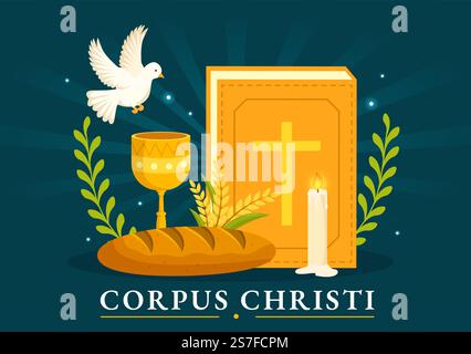 Corpus Christi Catholic Religious Holiday Vector Illustration with Feast Day, Cross, Bread and Grapes in Flat Cartoon Hand Drawn Poster Templates Stock Vector