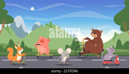 Animals riding background. Cartoon template with funny animal in action poses riding scooter exact vector concept of fast moving. Illustration of animal ride transport. Animals riding background. Cartoon template with funny animal in action poses riding scooter exact vector concept of fast moving Stock Vector