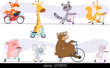 Animals riding. Cute funny wild characters riding bikes cars and scooter exact vector cartoon templates of funny wild animal by bicycle illustration. Animals riding. Cute funny wild characters riding bikes cars and scooter exact vector cartoon templates Stock Vector